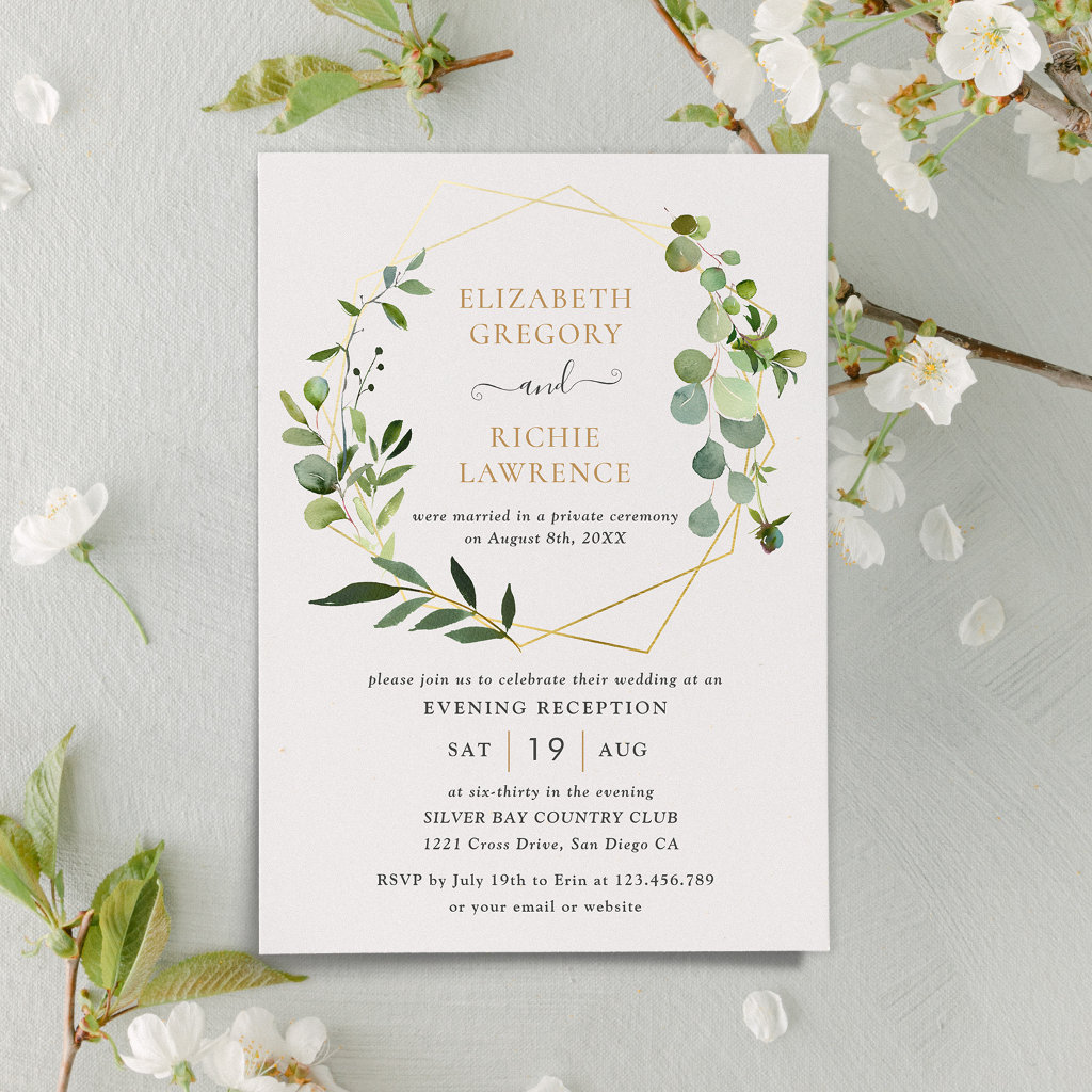 Reception Only Gold Geometric Greenery Wedding Invitation