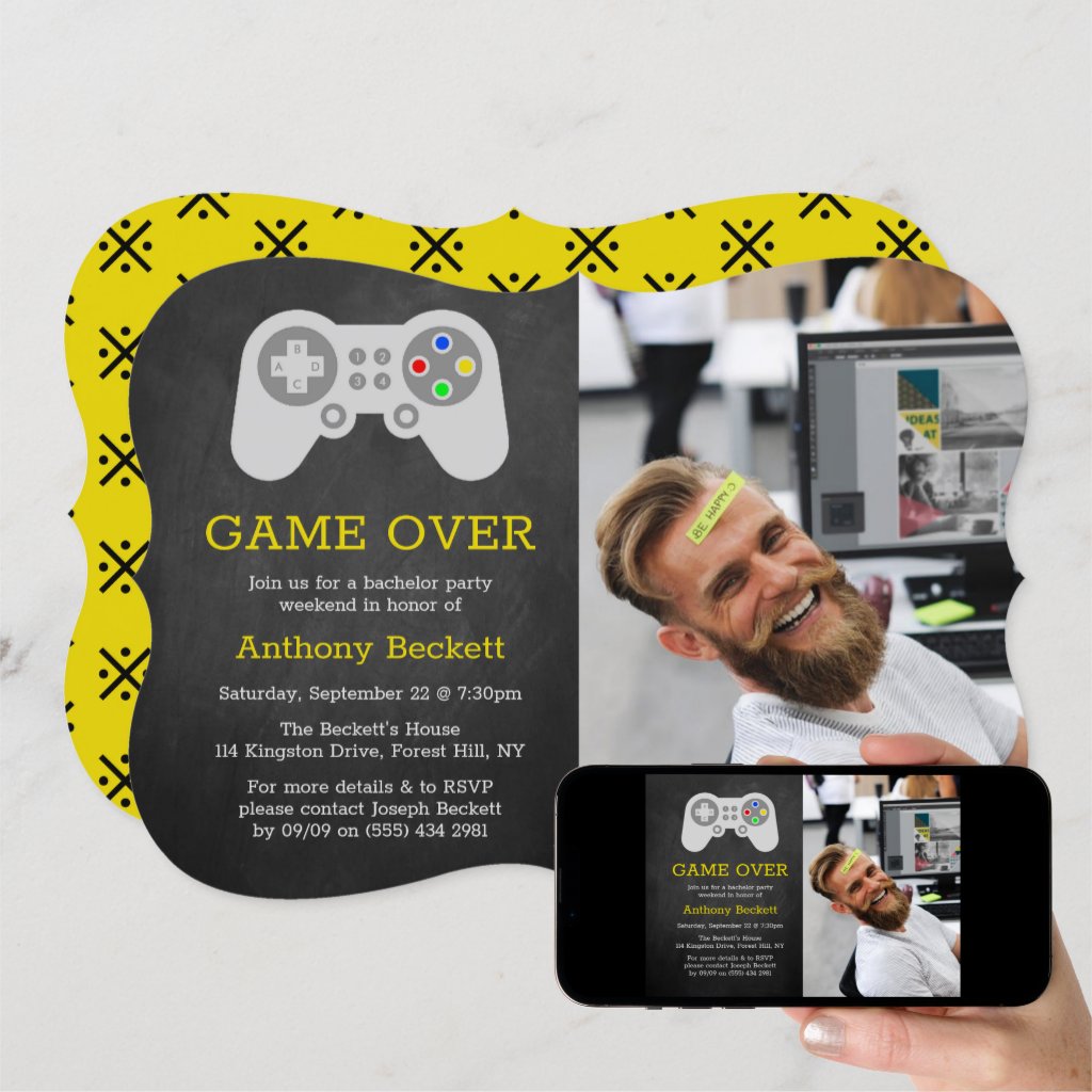 Modern Game Over Photo Bachelor Party Invitations