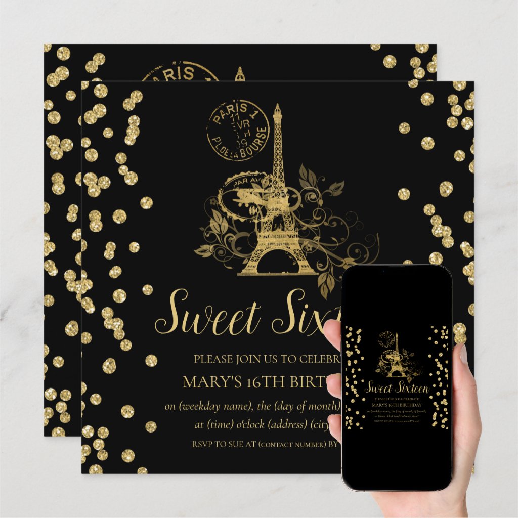 Gold Sweet Sixteen Paris Glitter Confetti Black Invitation