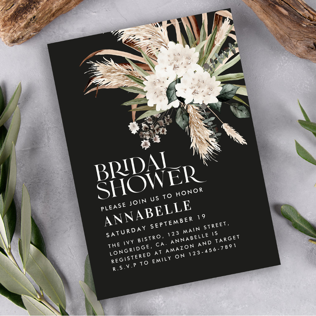 Bridal shower pampas grass modern black rustic invitation