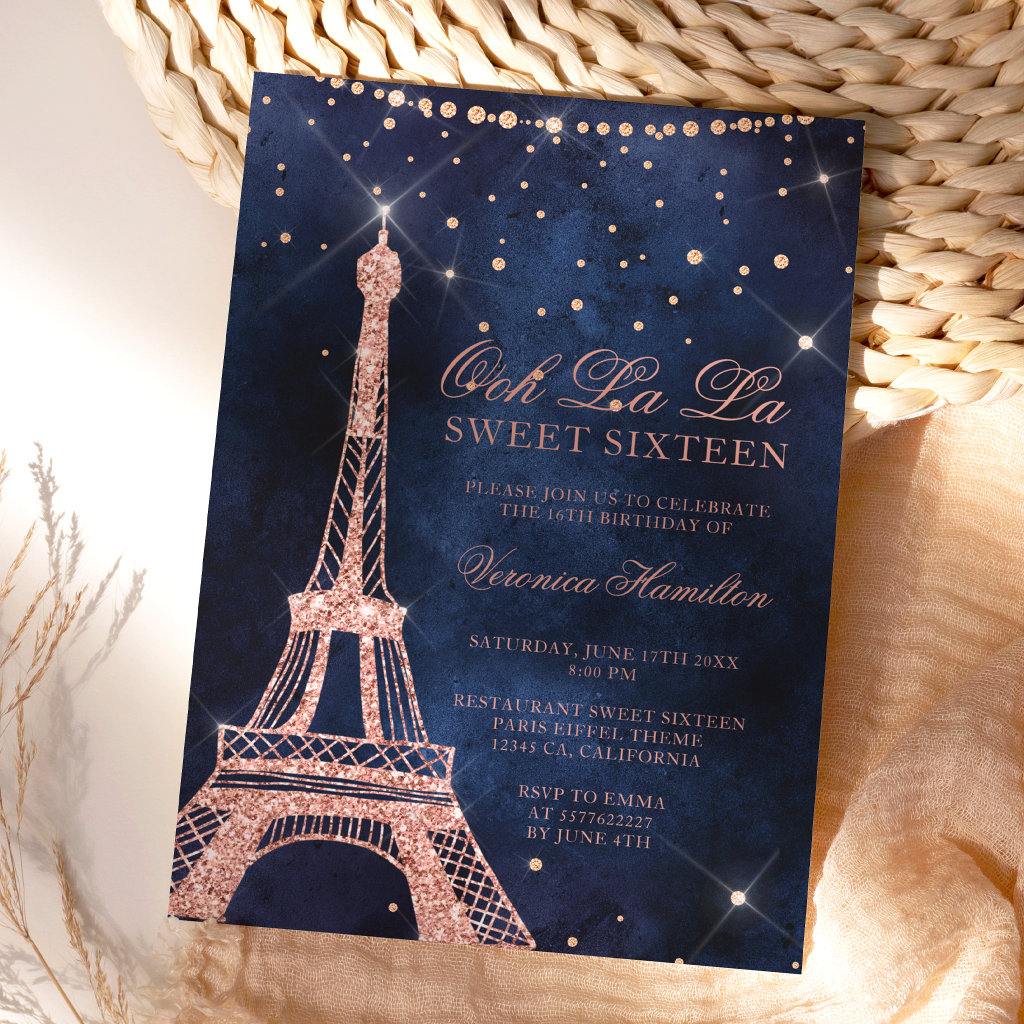 Eiffel tower rose gold glitter sparkle Sweet 16 Invitation