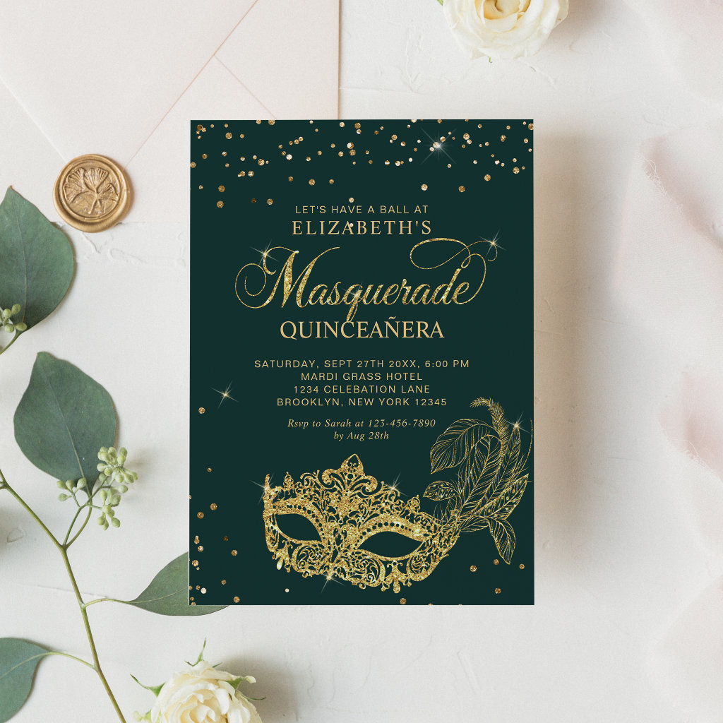 Elegant Green Gold Glitter Masquerade Quinceañera Invitation
