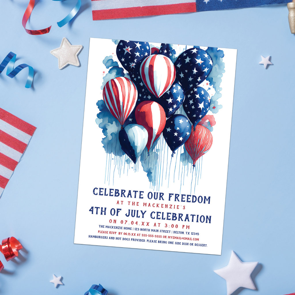 Red White and Blue Balloon 4th of July Party Invitation
