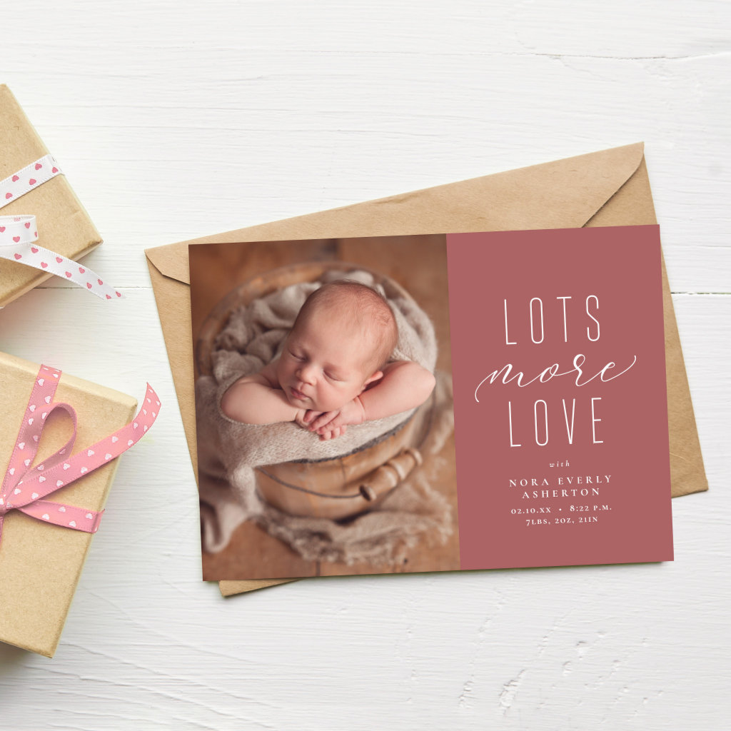 Lots more love pink photo birth announcement