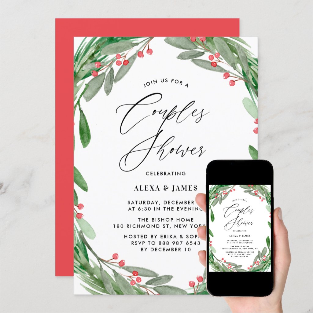 Greenery and Holly Wreath Winter Couples Shower Invitation