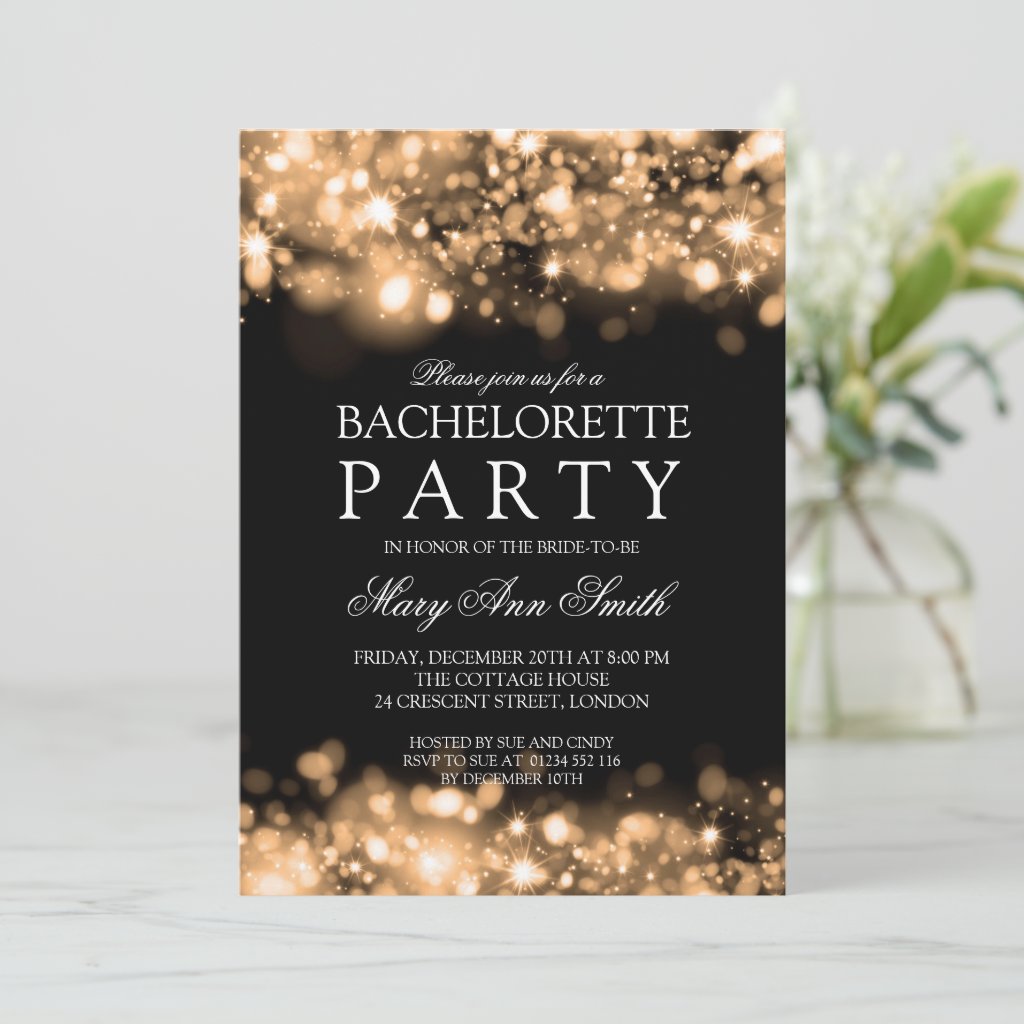Elegant Bachelorette Party Sparkling Lights Gold Invitation