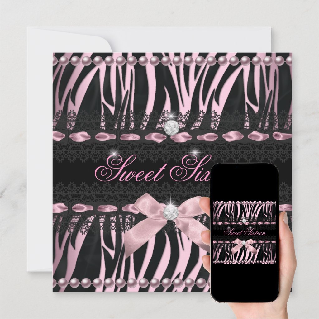 Sweet 16 Sweet Sixteen Pink Black Zebra Lace Invitation