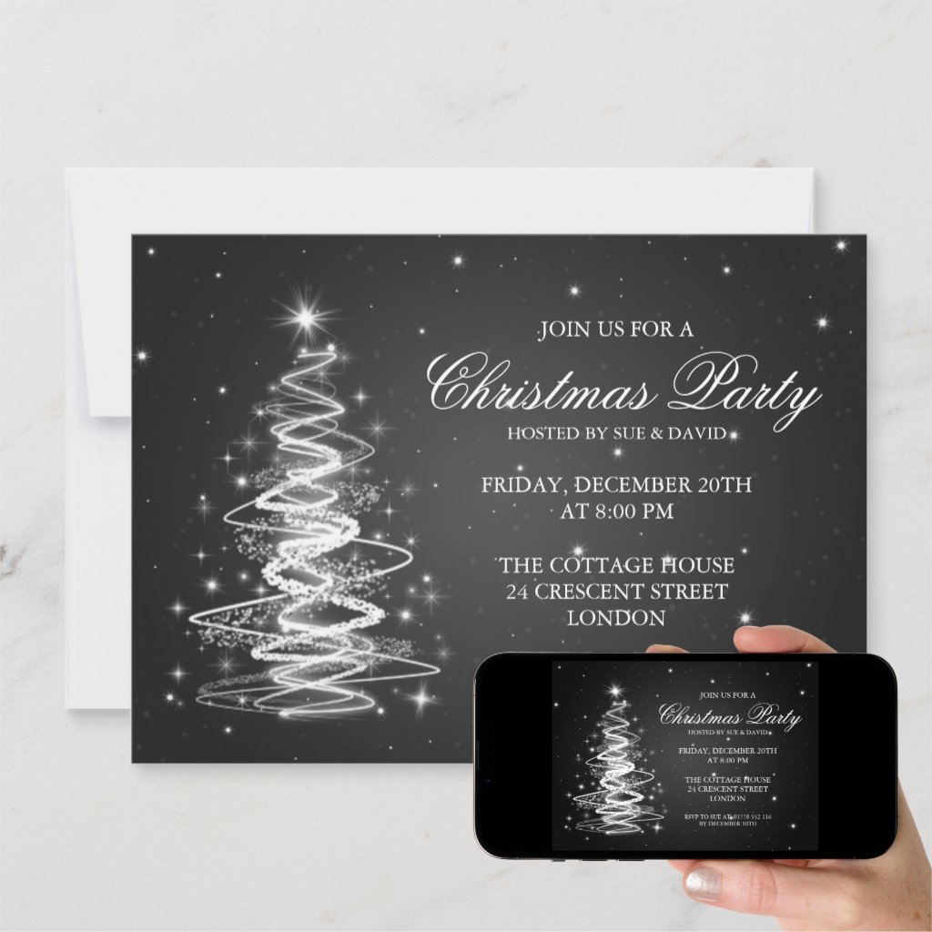 Elegant Christmas Party Sparkling Tree Black Invitation