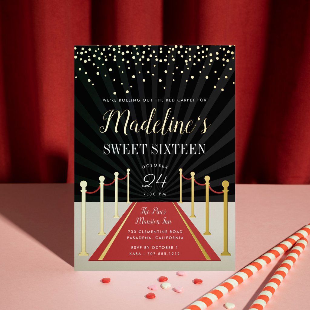 Hollywood Red Carpet Sweet Sixteen Gold Foil Invitation