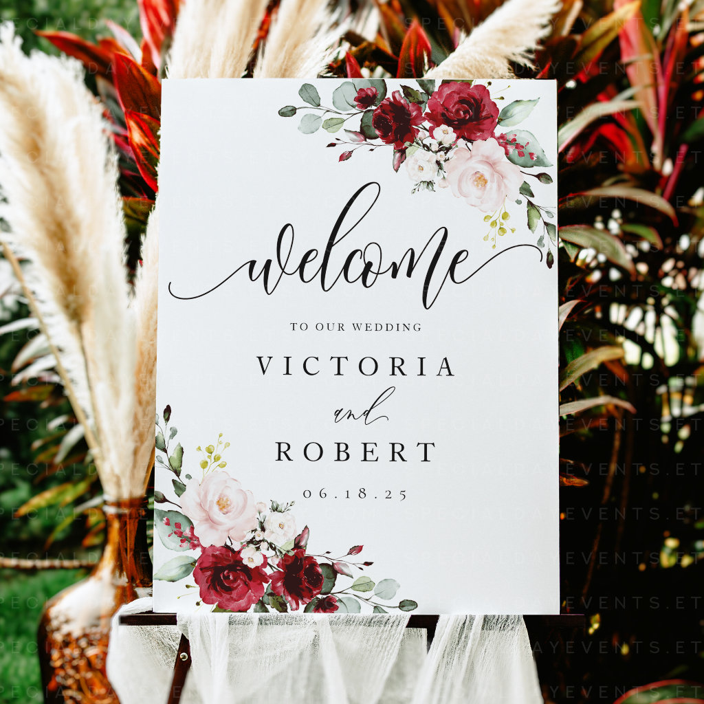 Burgundy and Blush Floral Wedding Welcome Sign