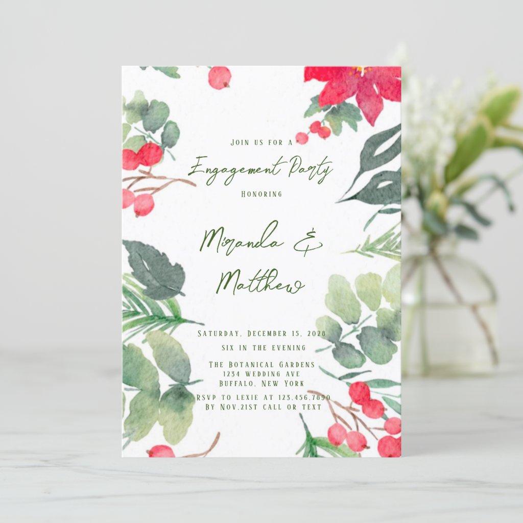 Christmas Floral Paint Green Leaf Engagement Party Invitation