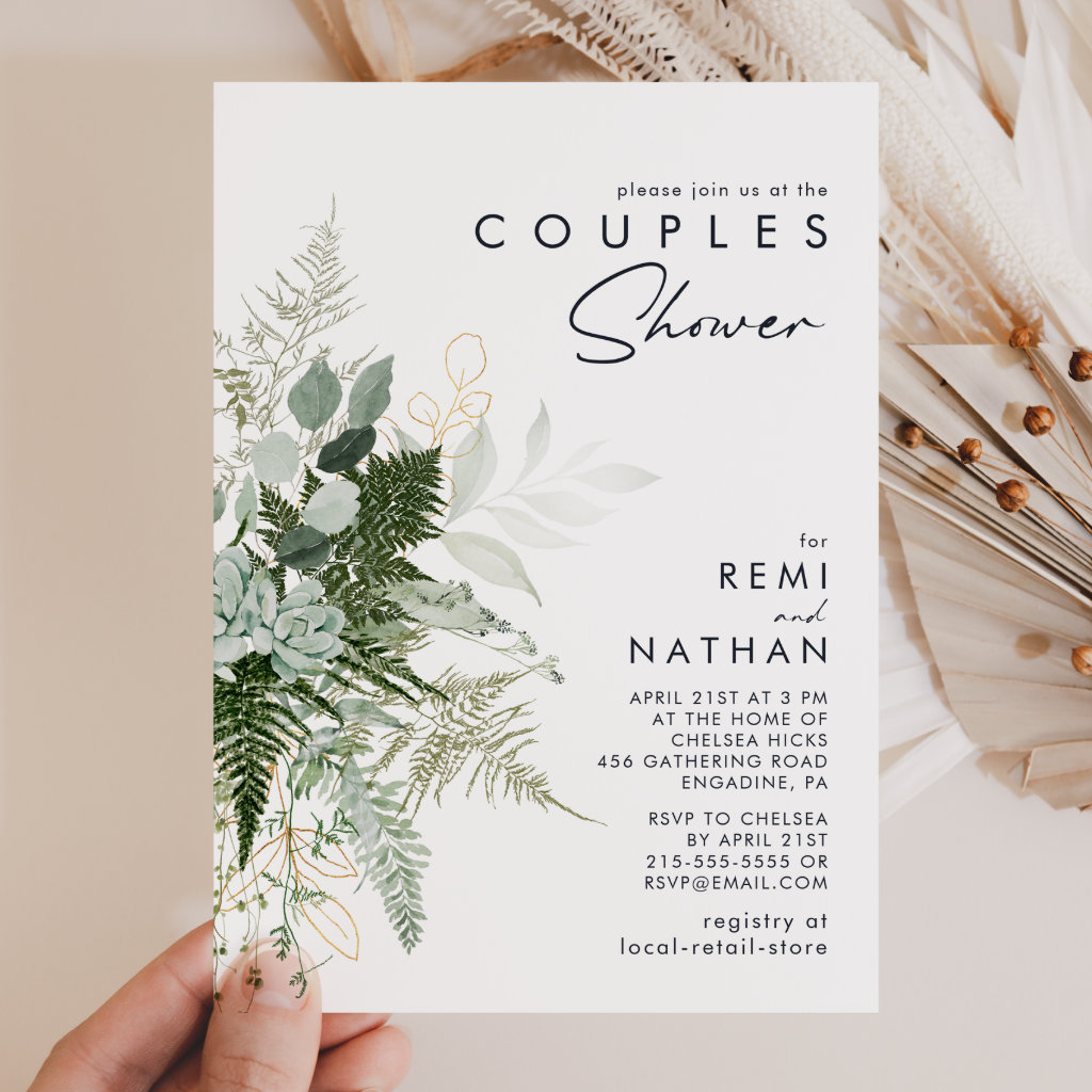 Greenery and Gold Leaf Couples Shower Invitation