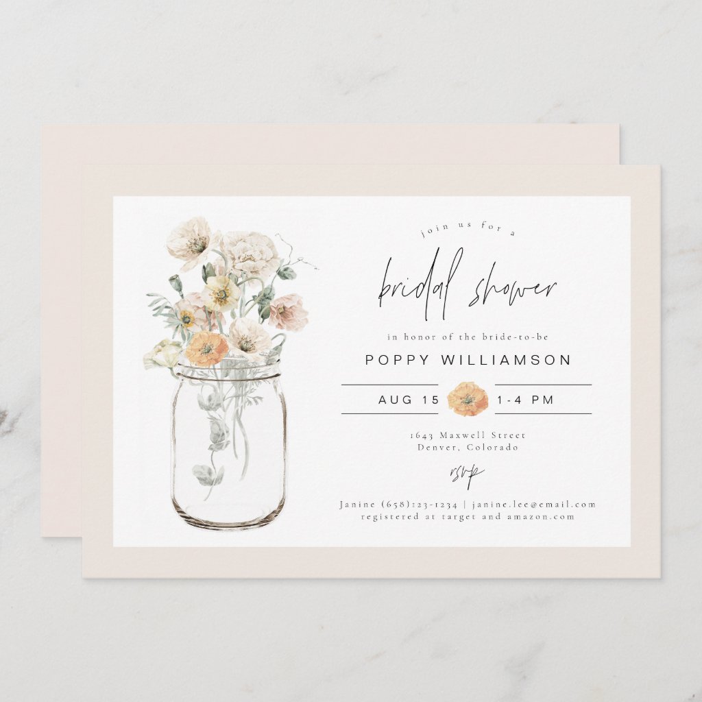 POPPY Rustic Wildflower Mason Jar Bridal Shower Invitation
