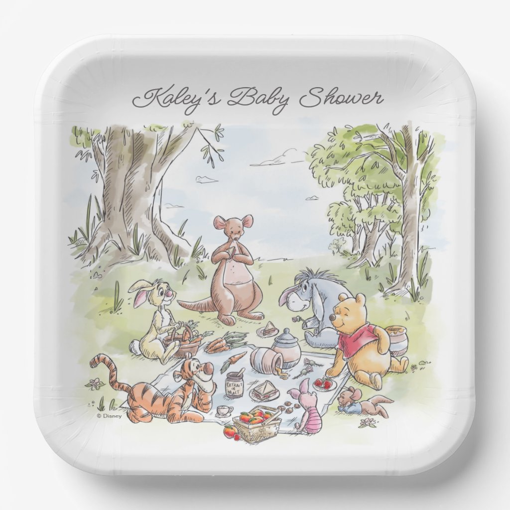 Watercolor Winnie the Pooh Picnic Baby Shower Paper Plates