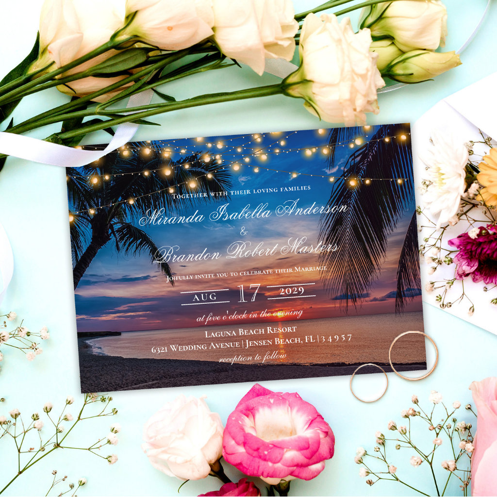 Elegant Summer Sunset Palm Beach Wedding Invitation