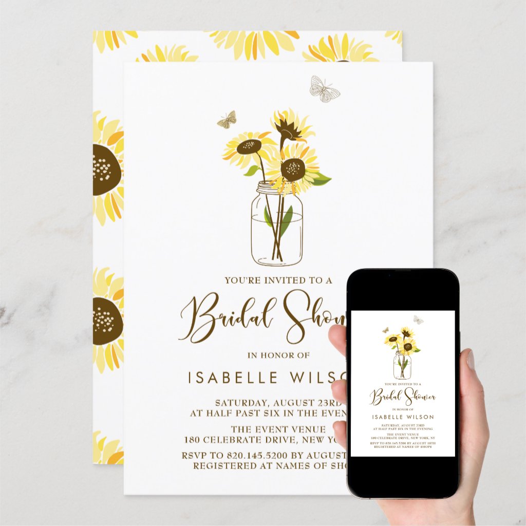 Sunflowers on Mason Jar Summer Bridal Shower Invitation