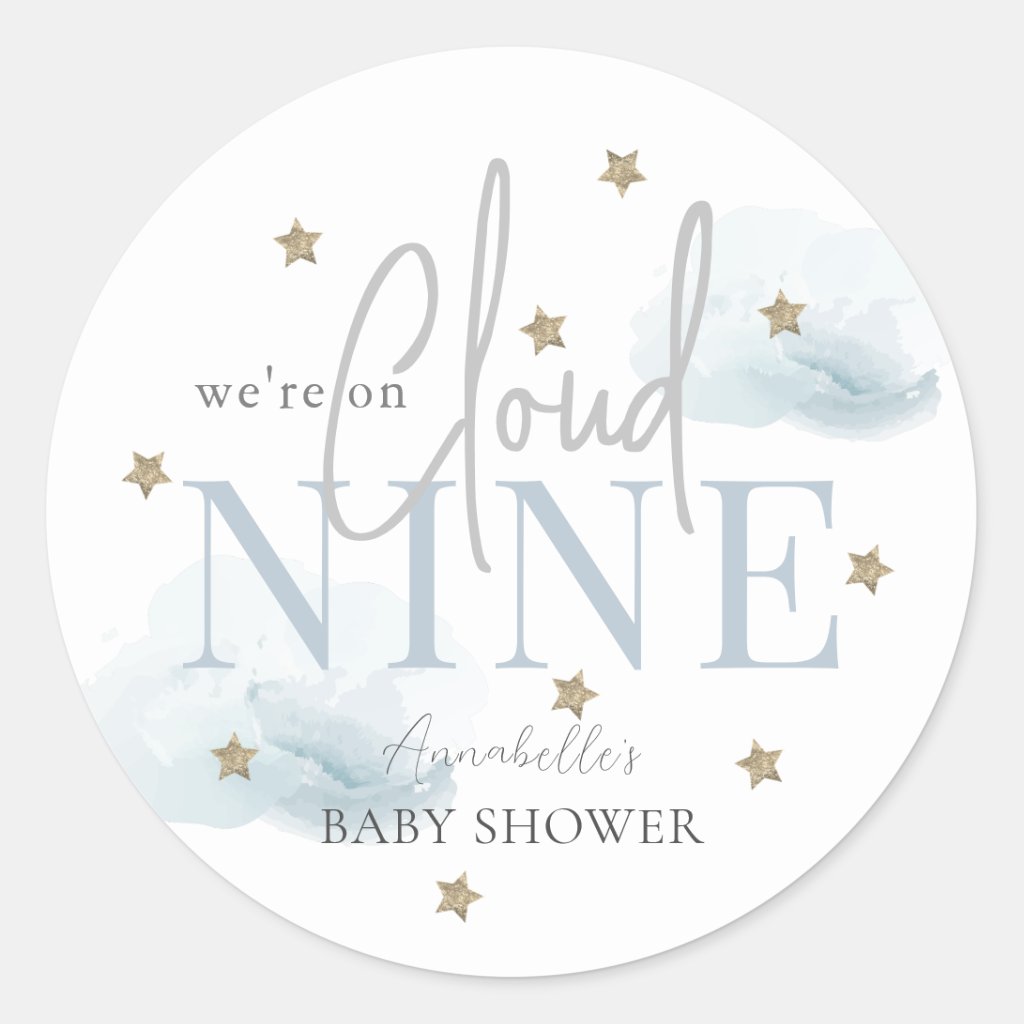Cloud 9 Gold Stars Watercolor Boy Baby Shower Classic Round Sticker