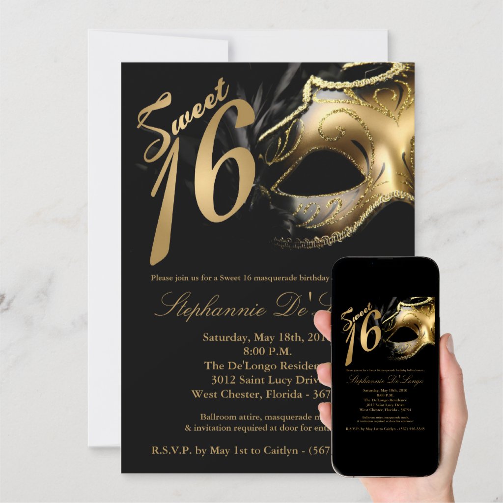 5x7 Masquerade Mask Sweet 16 Birthday Invitation