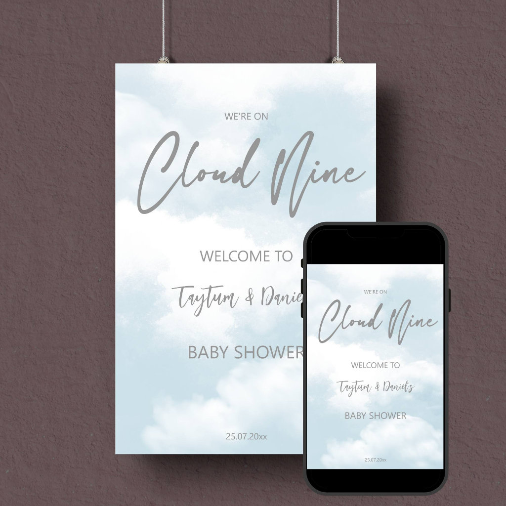 Cloud nine pastel grey baby shower welcome sign