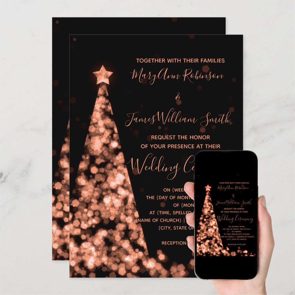 Elegant Rose Gold Christmas Tree Holiday Wedding Invitation