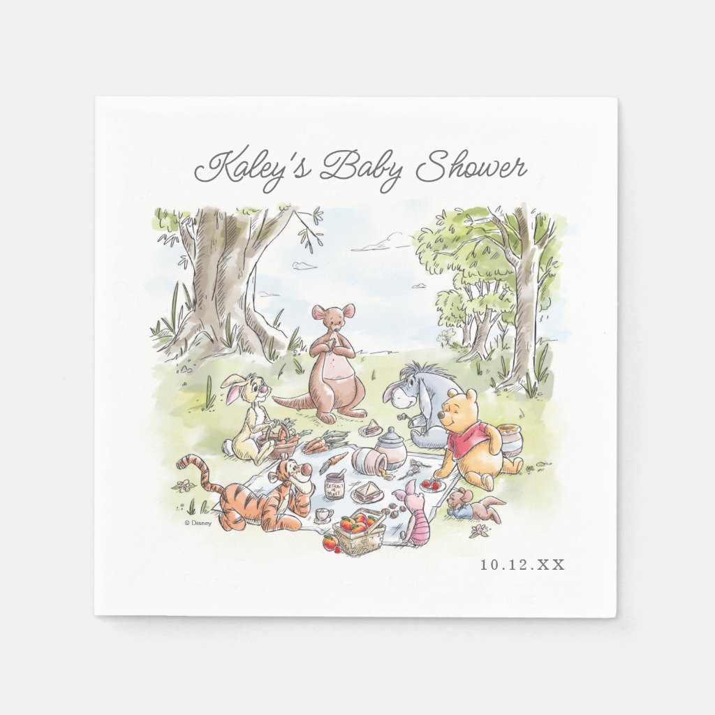 Watercolor Winnie the Pooh Picnic Baby Shower Napkins