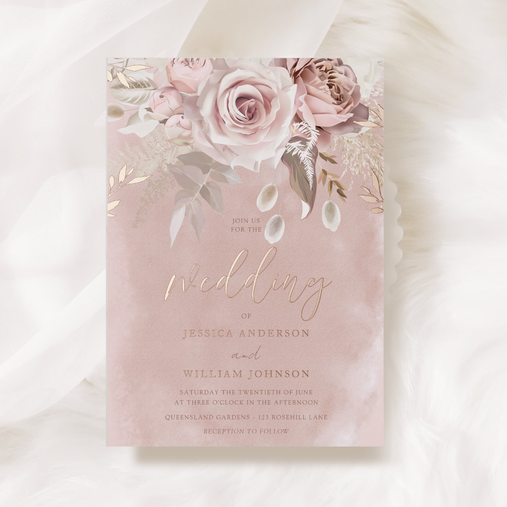 Divine Blush Floral Wedding Rose Gold Foil Invitation