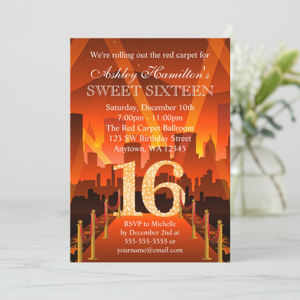 Hollywood Red Carpet City Sweet 16 Birthday Invitation