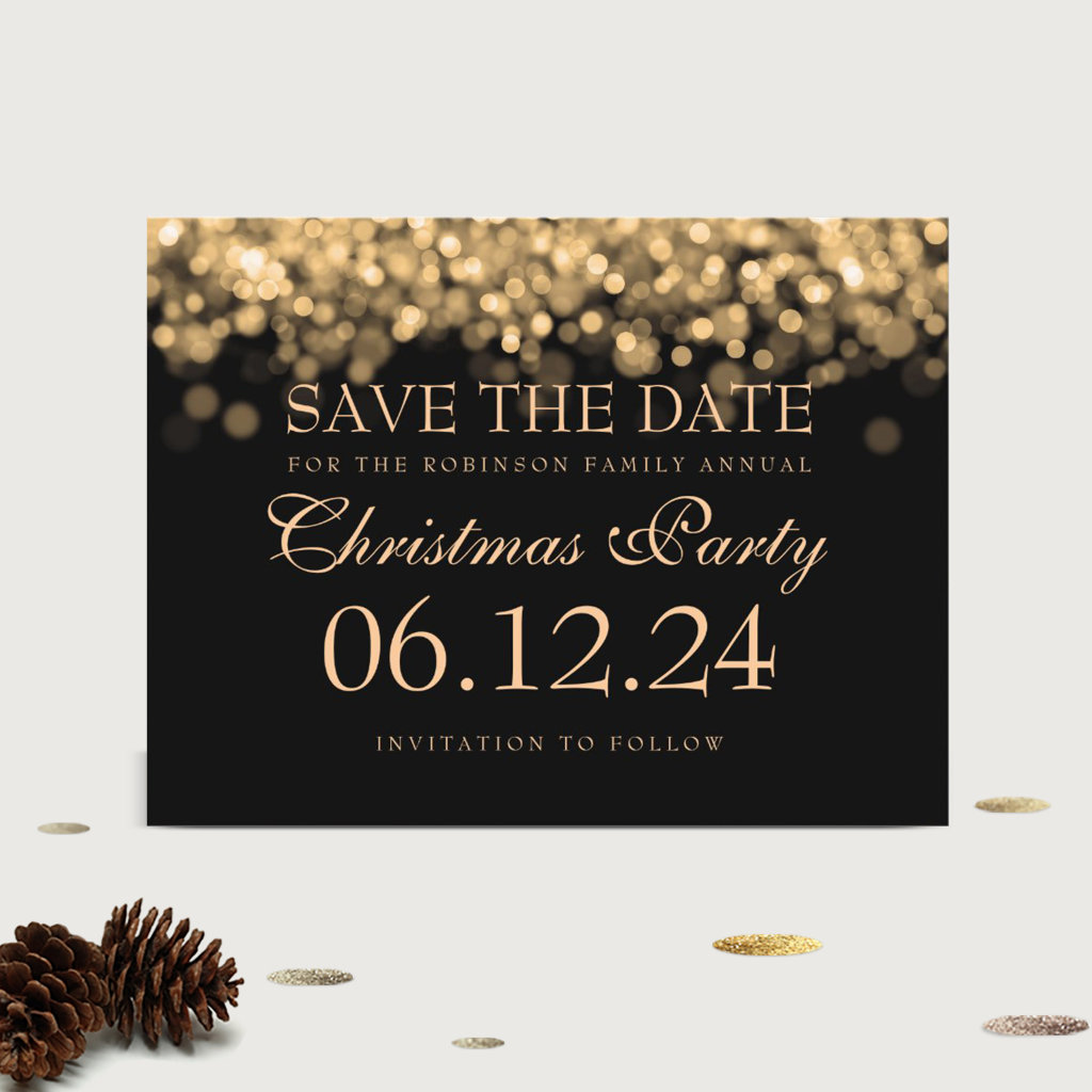 Elegant Christmas Party Save The Date Gold Lights Announcement Postcard