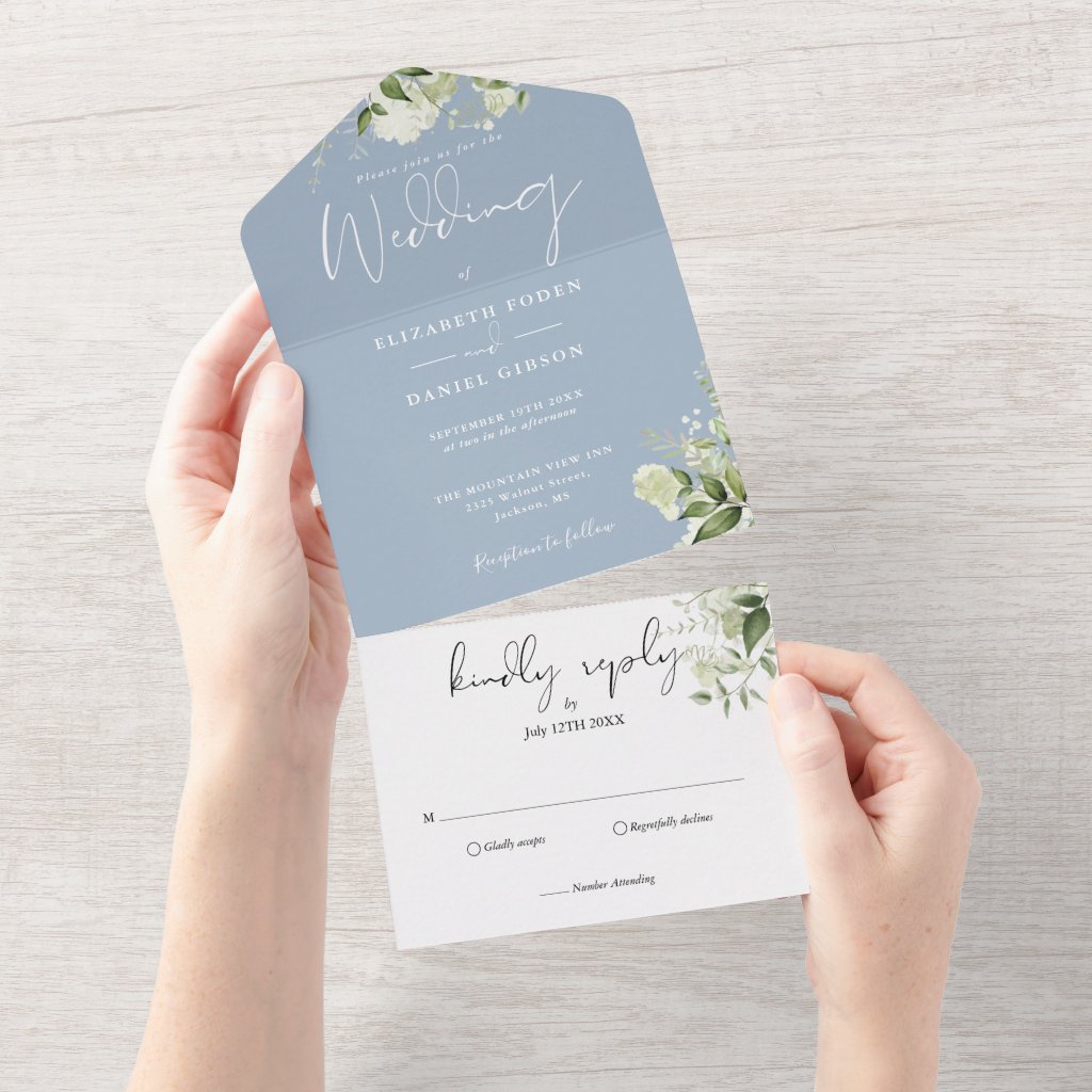 Dusty Blue Botanical Greenery Monogram Wedding All In One Invitation