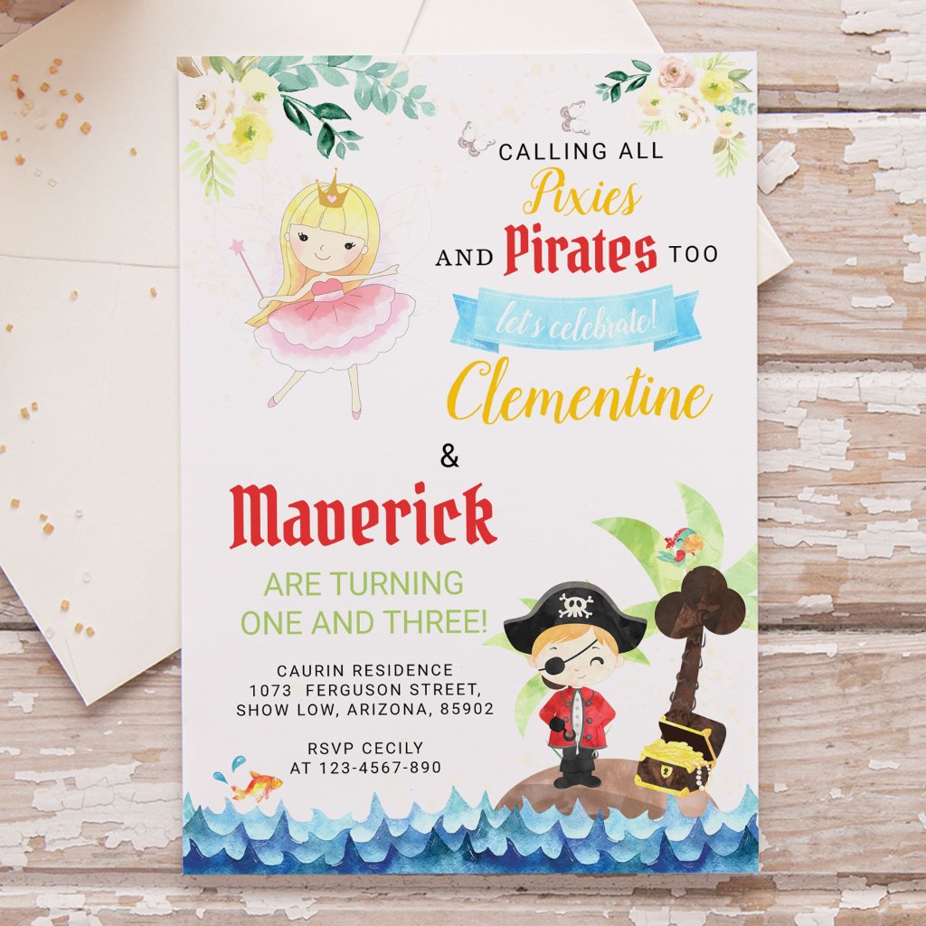 Pixies and Pirates Joint Sibling Birthday Invitation