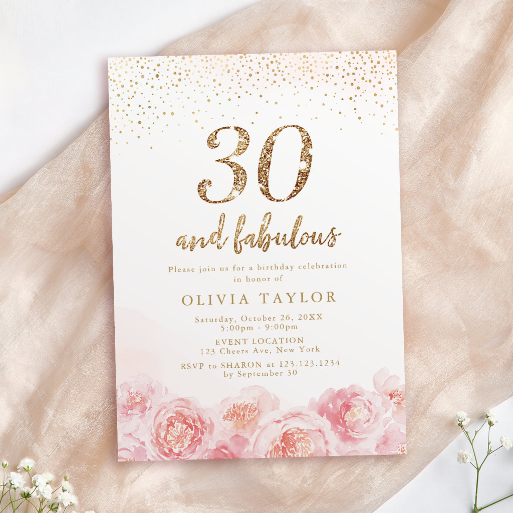 Elegant script gold & blush floral 30th birthday invitation