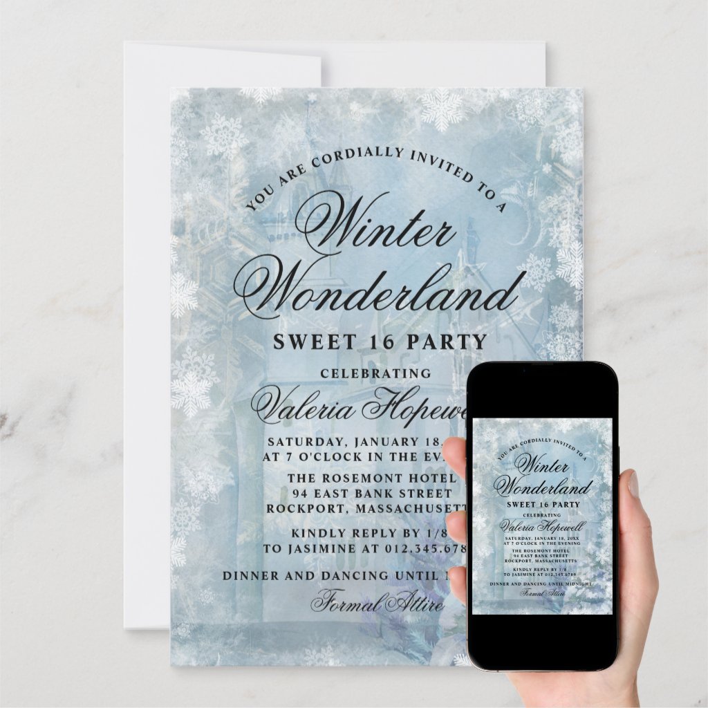 Sweet Sixteen Blue Winter Wonderland Snowflake Invitation