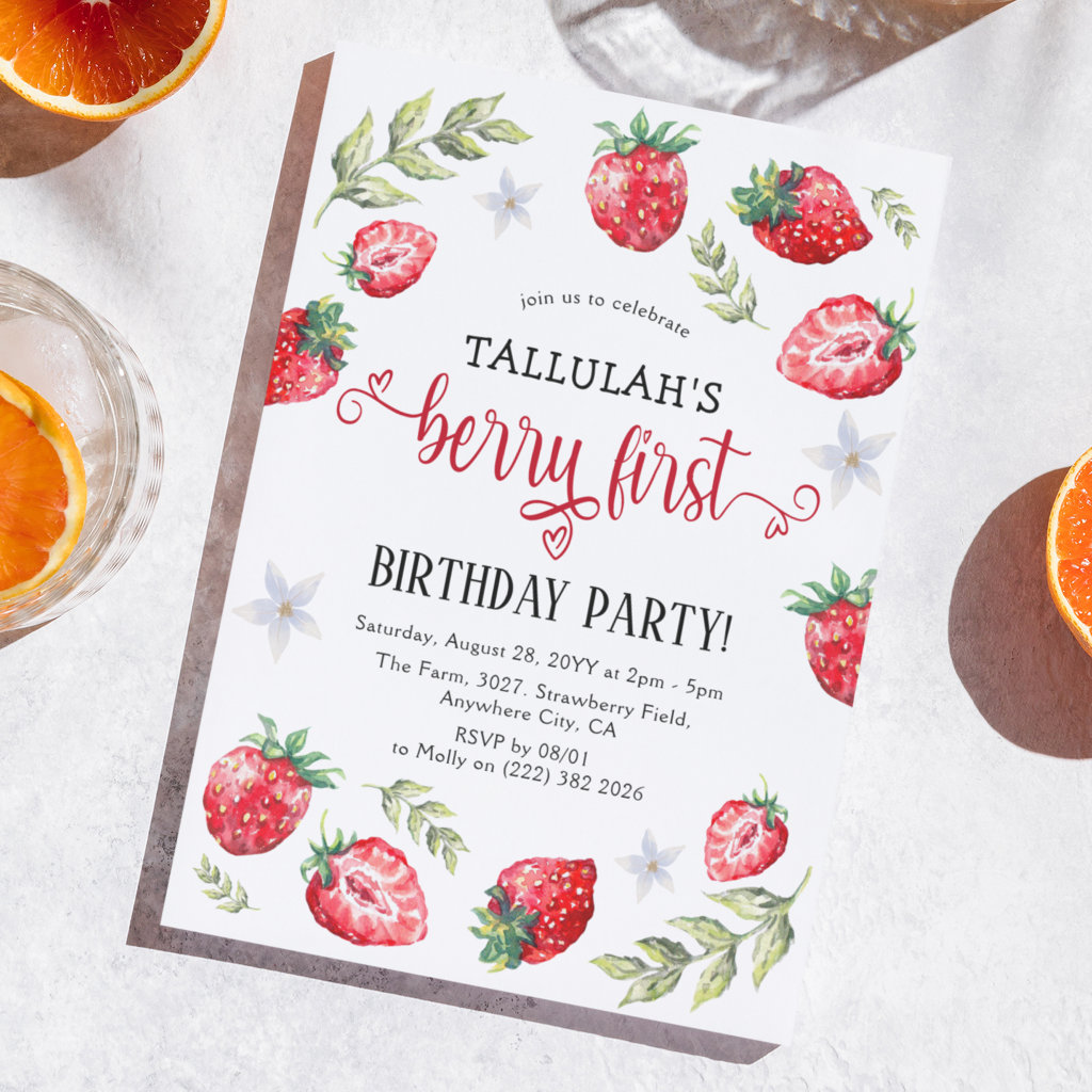 Pretty Strawberry 'Berry First' | 1st Birthday Invitation