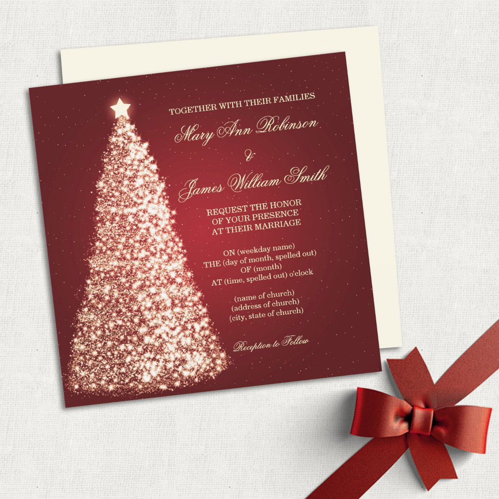 Gold Sparkle Christmas Wedding Red Invitation