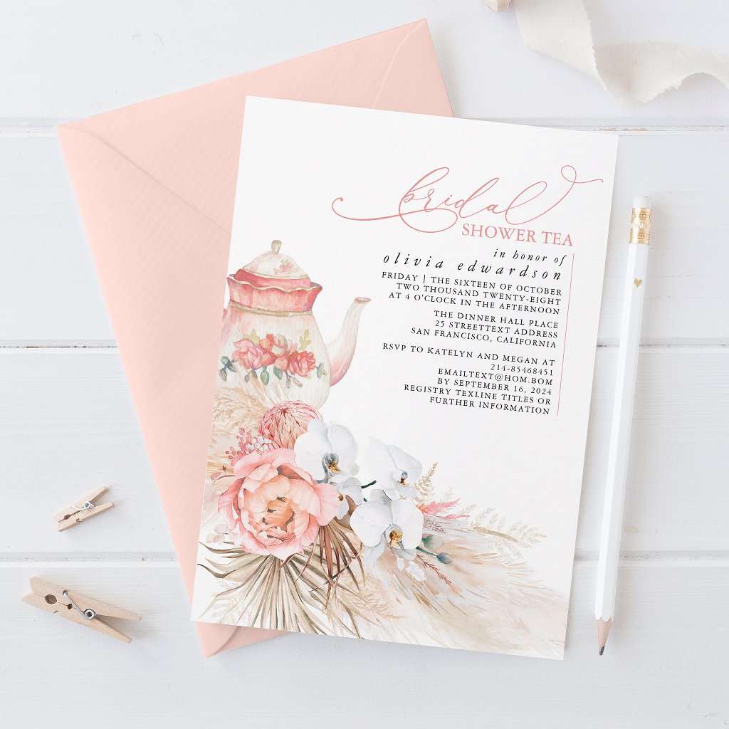 Soft Pink Floral Pampas Grass Bridal Shower Tea Invitation