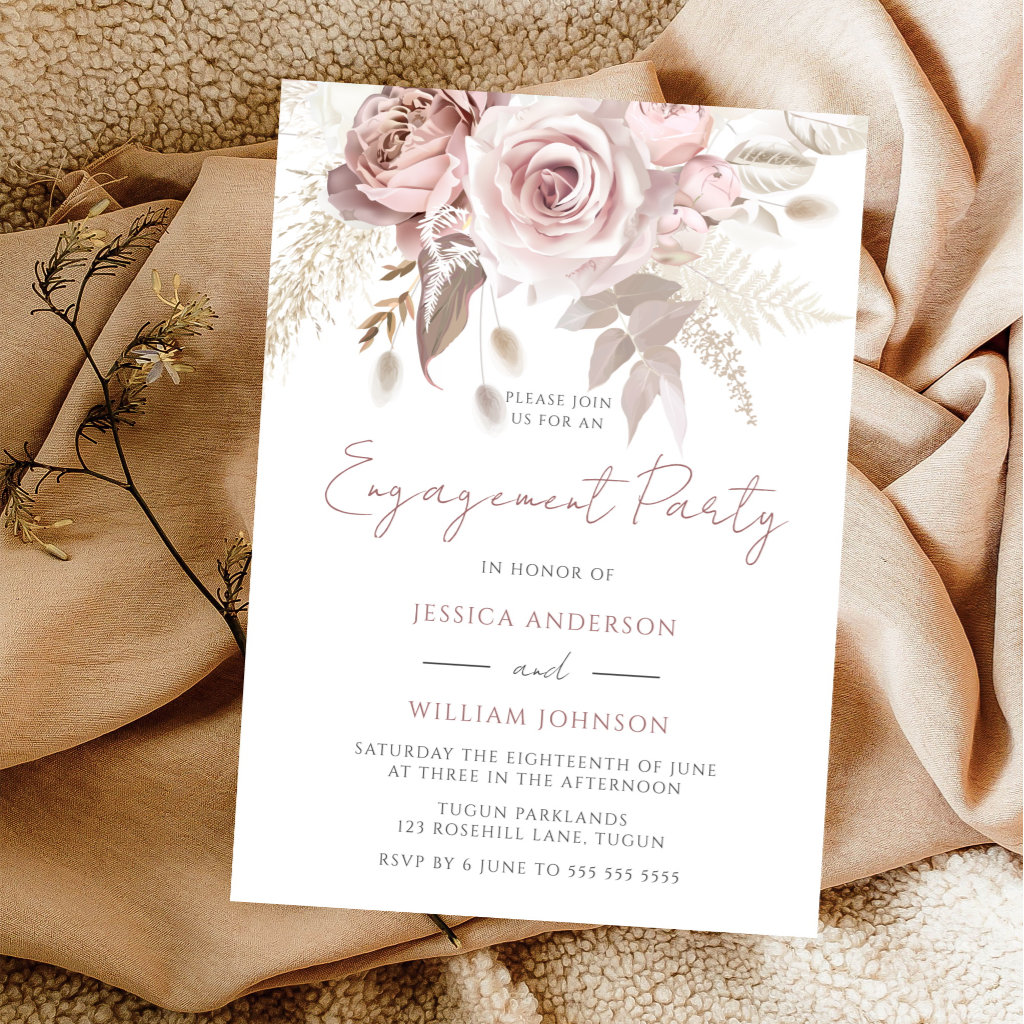 Dusty Rose Blush & Ivory Floral Engagement Party Invitation