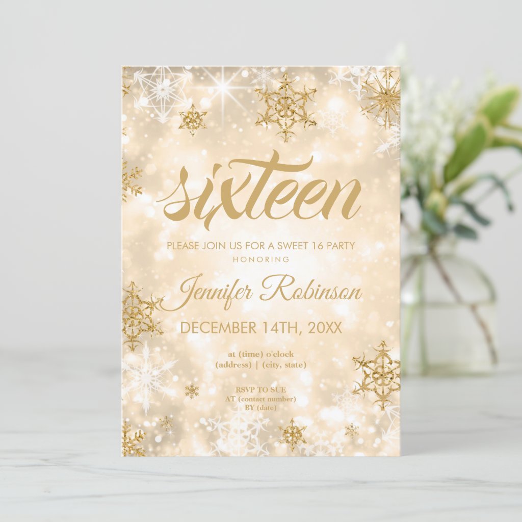 Winter Gold Sweet 16 Glitter Sparkle Invitation