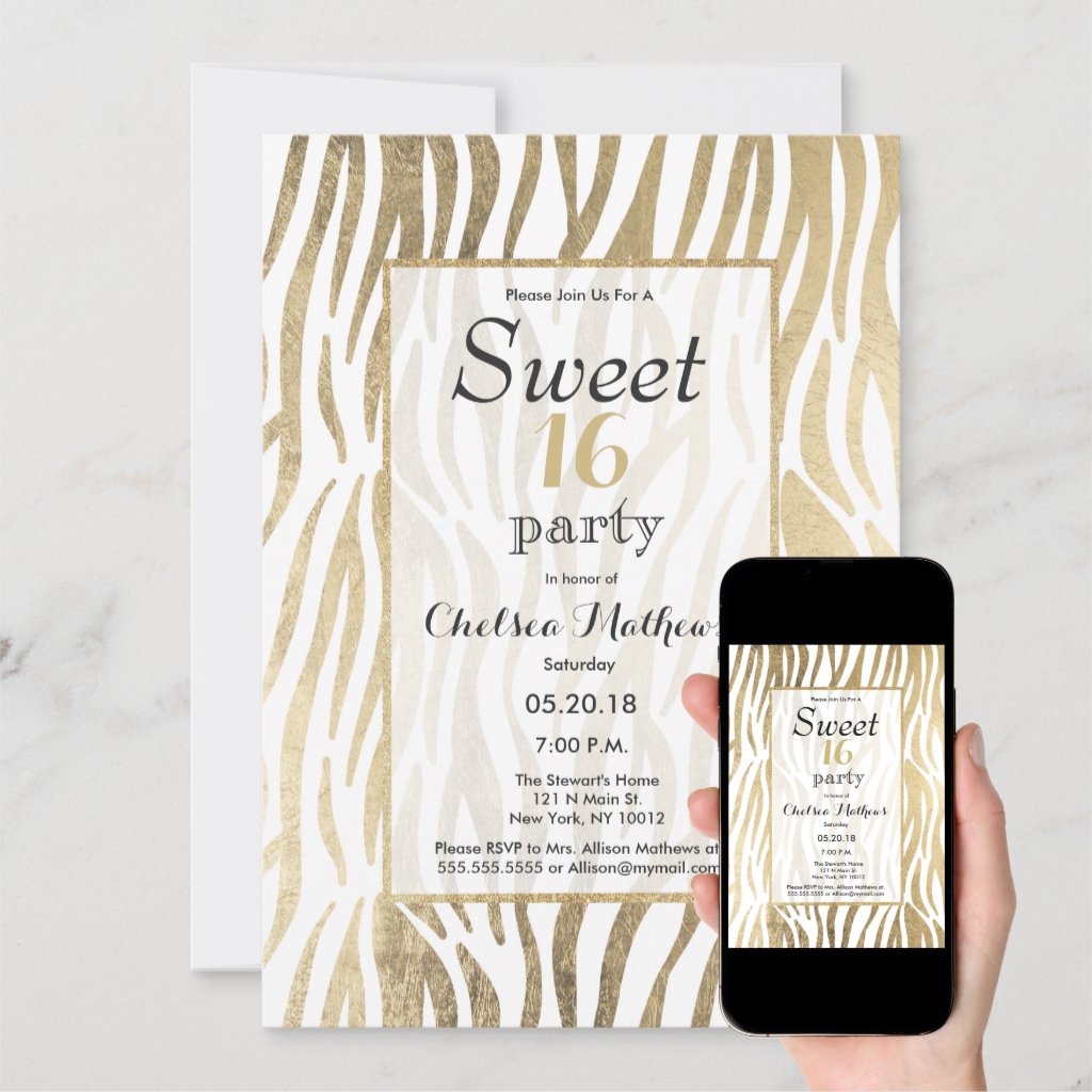 Glam white gold zebra animal print Sweet 16 Invitation
