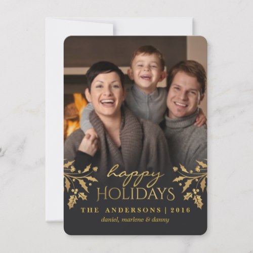 Gold Holly Happy Holiday Photo Flat Card