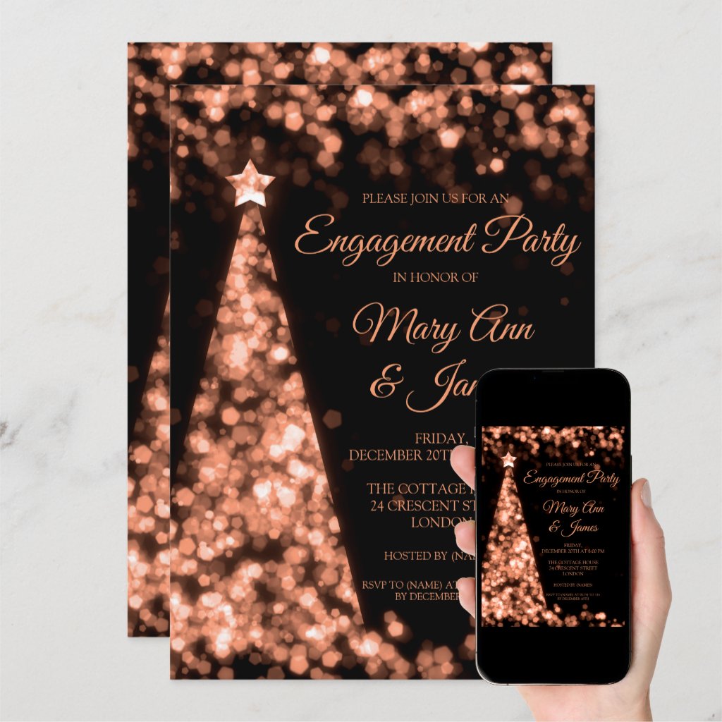 Elegant Rose Gold Black Christmas Engagement Party Invitation