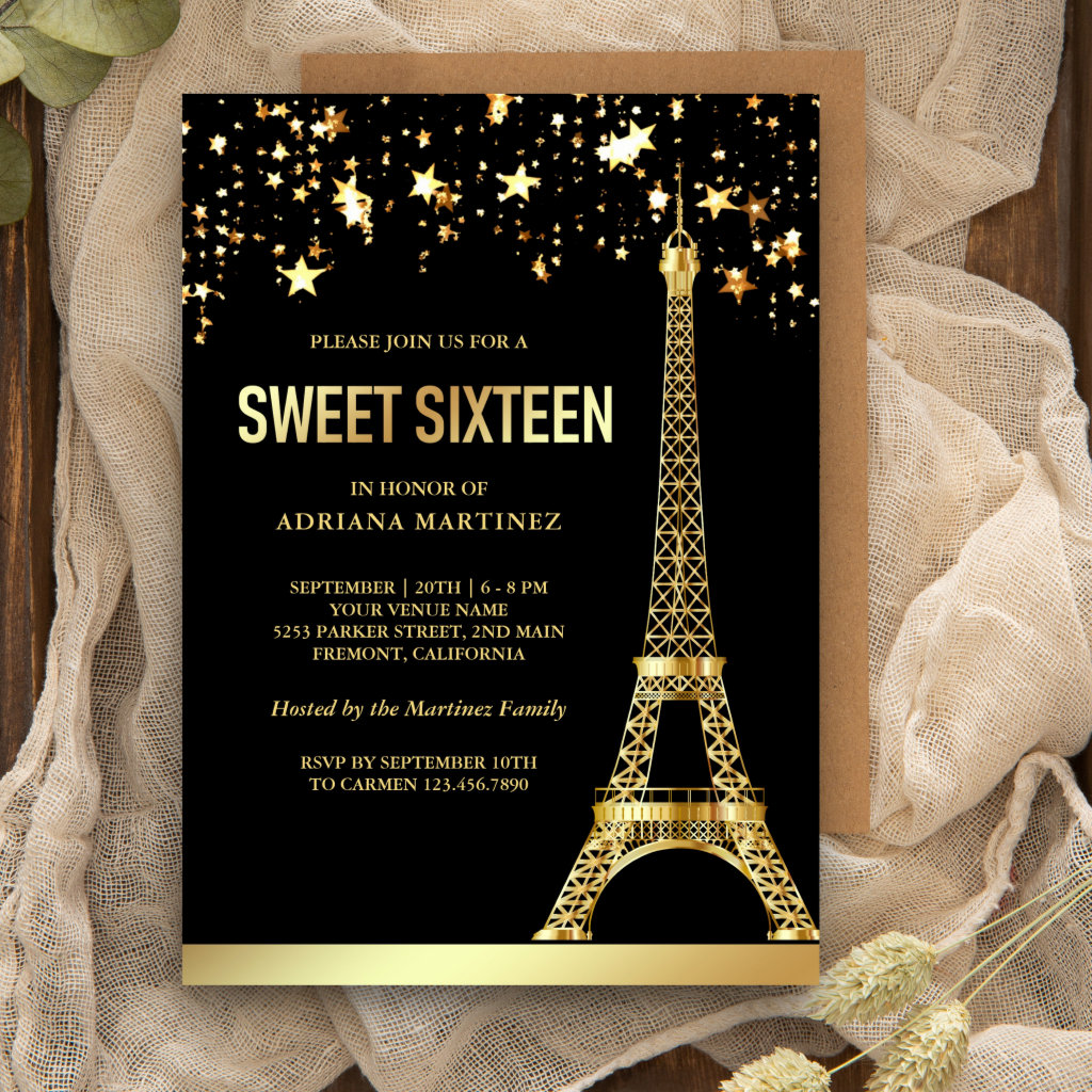 Gold Foil Stars Eiffel Tower Black Sweet Sixteen Invitation