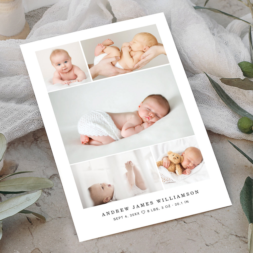Simple Modern Baby Photo Collage Birth Stats Announcement