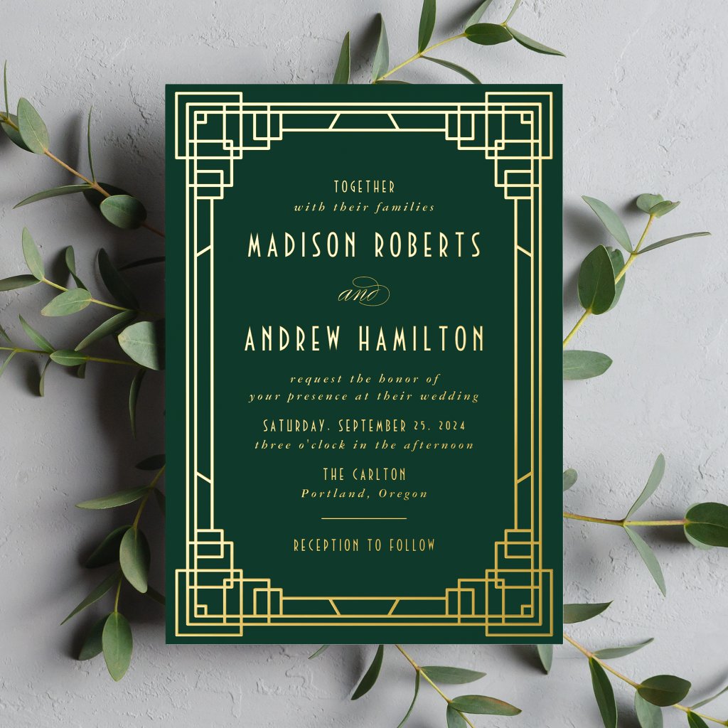 Modern Art Deco Wedding Green and Gold Foil Invitation