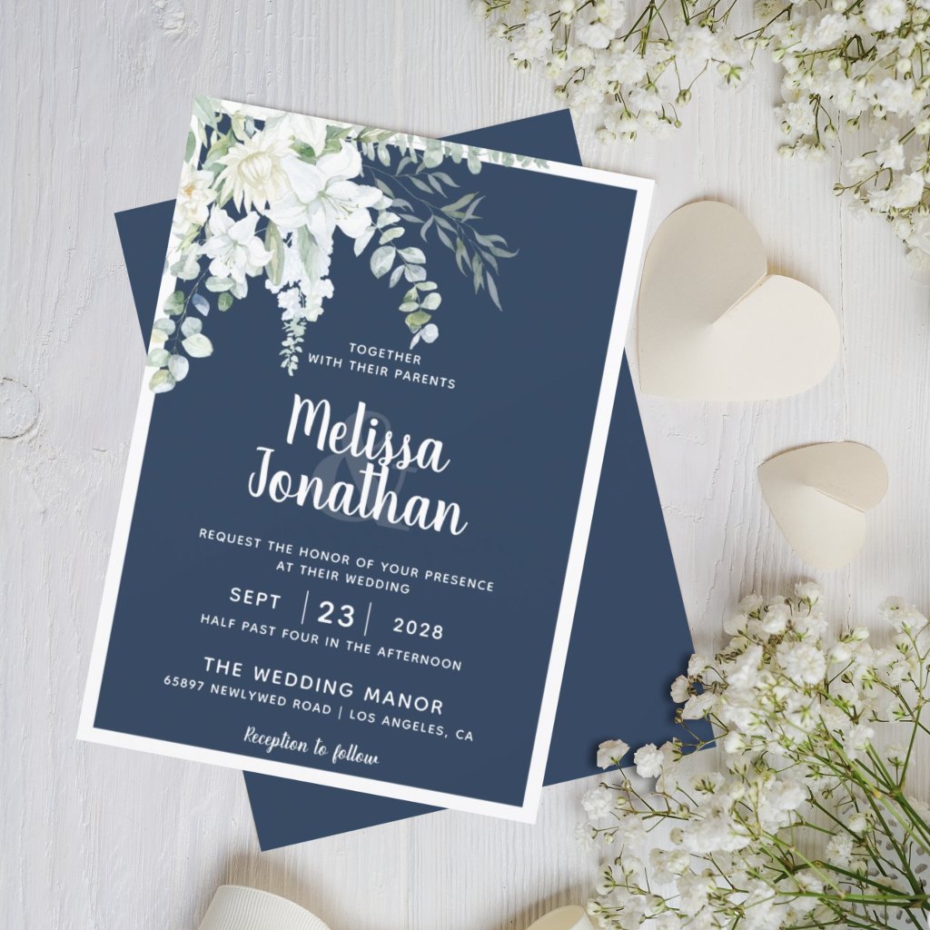 Romantic floral white gentle flowers blue wedding invitation