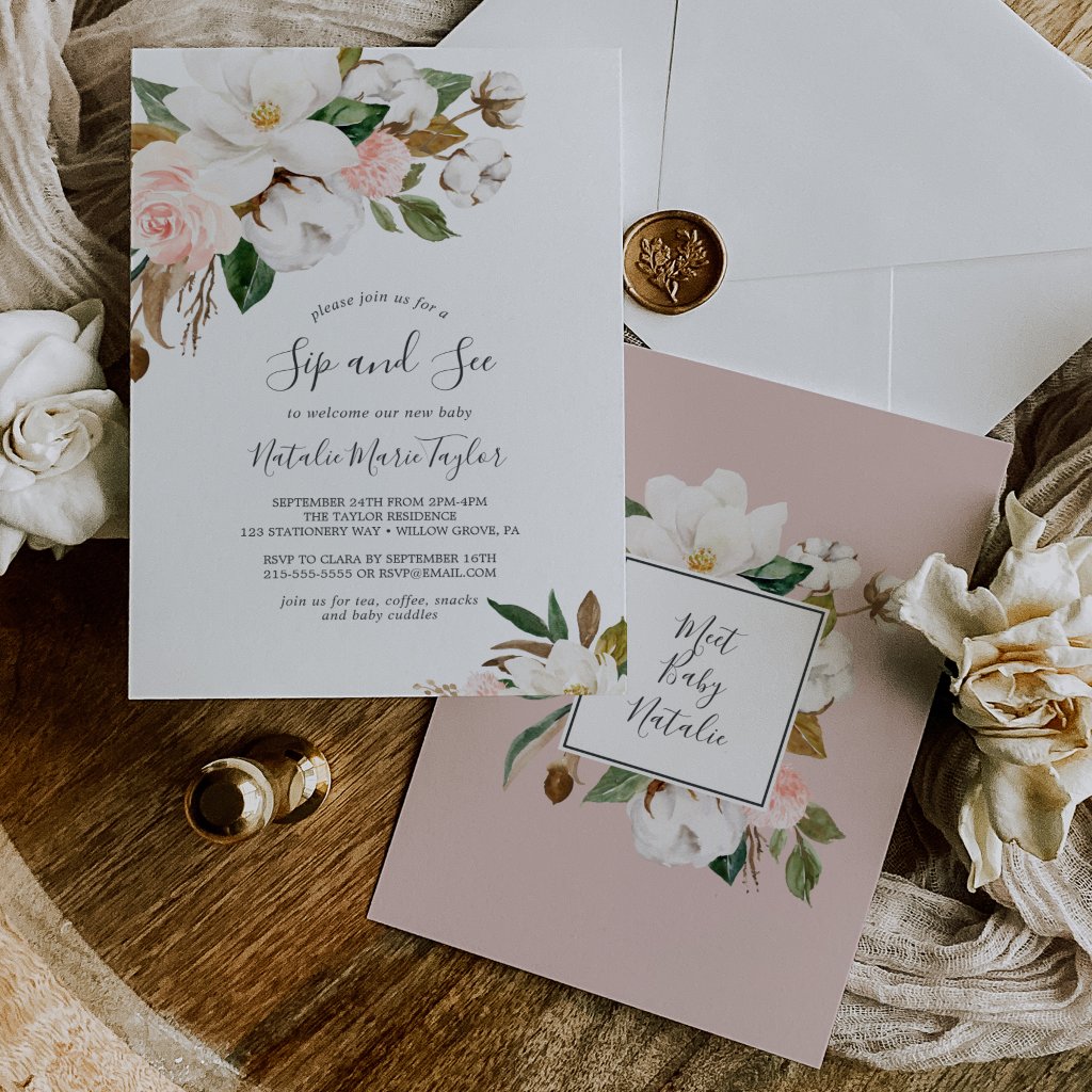 Elegant Magnolia | White and Blush Sip and See Invitation