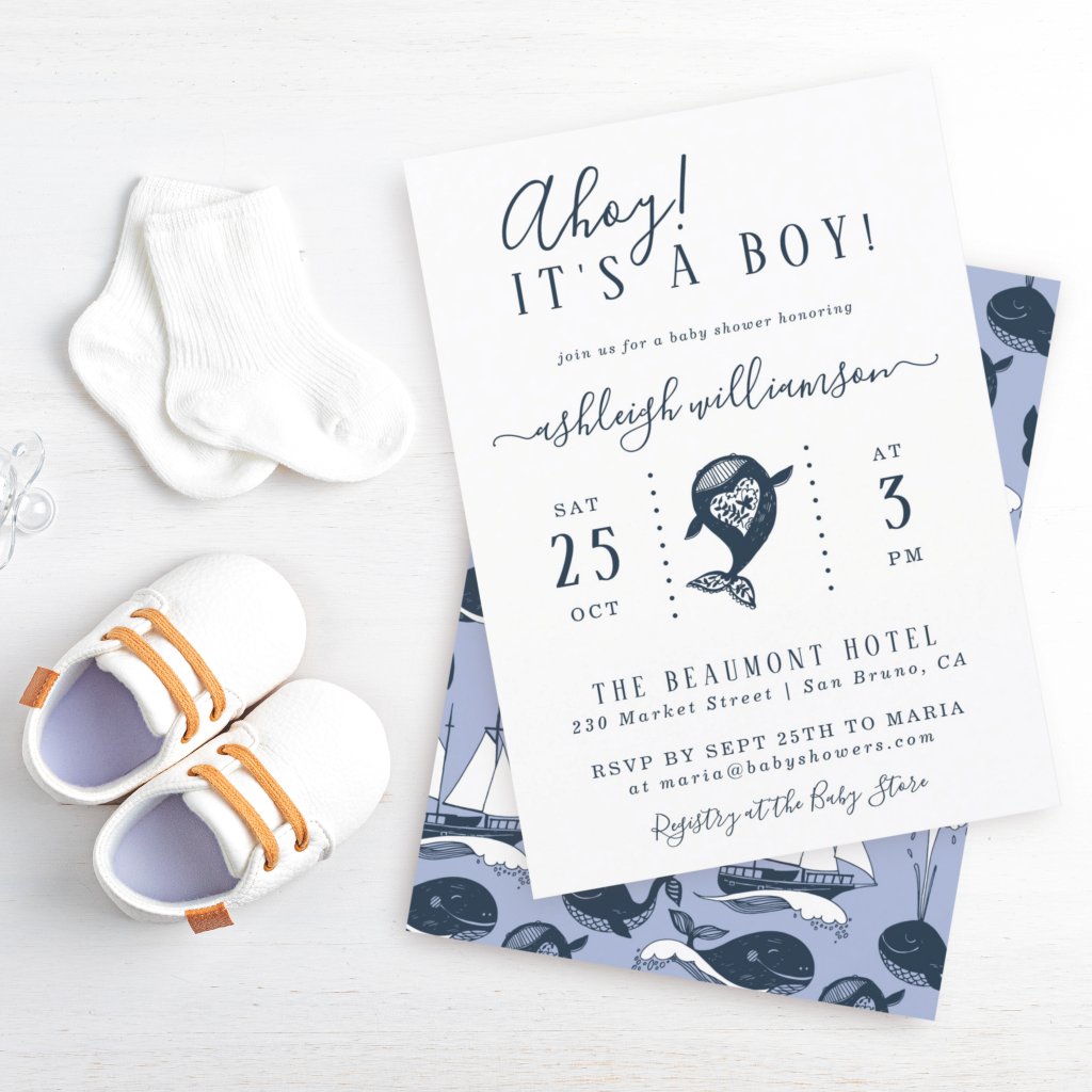 Ahoy! Nautical Whale Baby Boy Shower Invitation