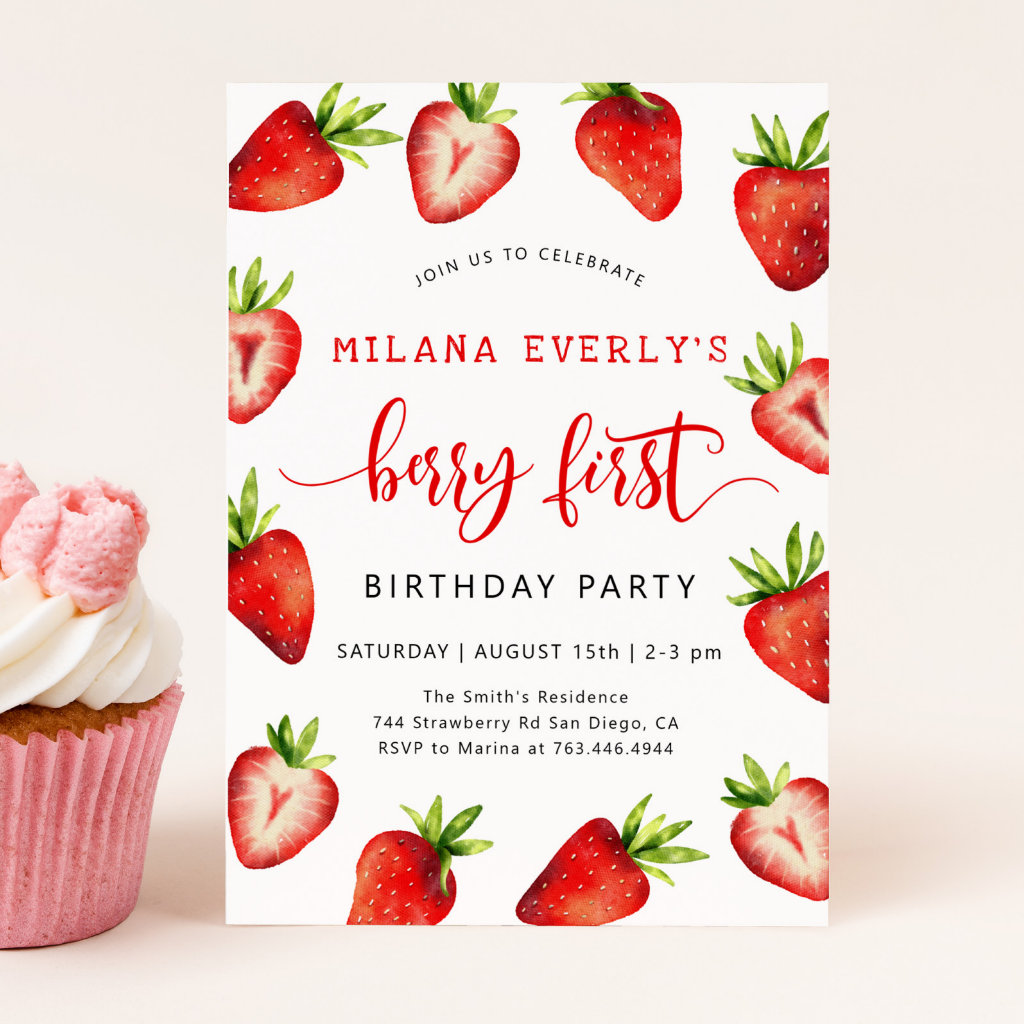 Strawberry 1st Birthday Party | Berry First Invitation