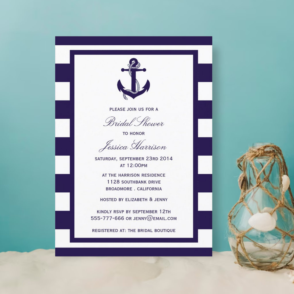 Nautical Anchor Navy Stripe Bridal Shower Invitation