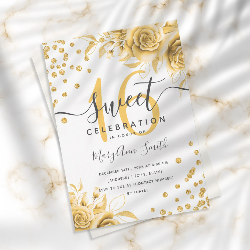 Gold Glam Floral Glitter Sweet Sixteen Invitation