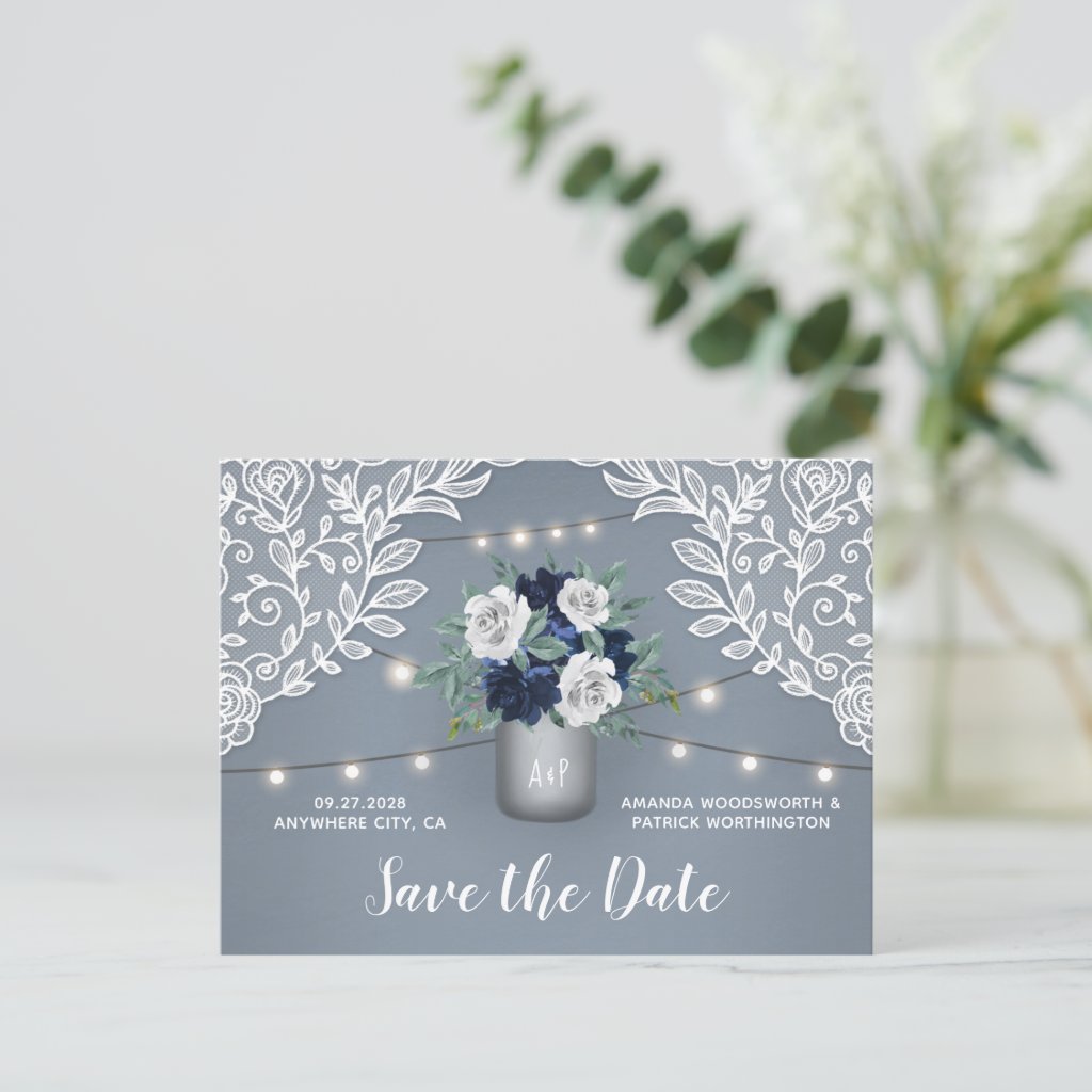 Dusty Blue Country Lace Mason Jar Save the Date Announcement Postcard